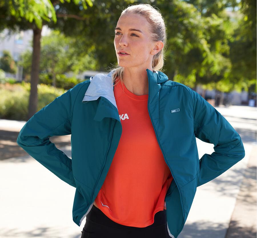 Chaquetas Hoka One One Mujer - Hybrid Run - Azules - TEC403529